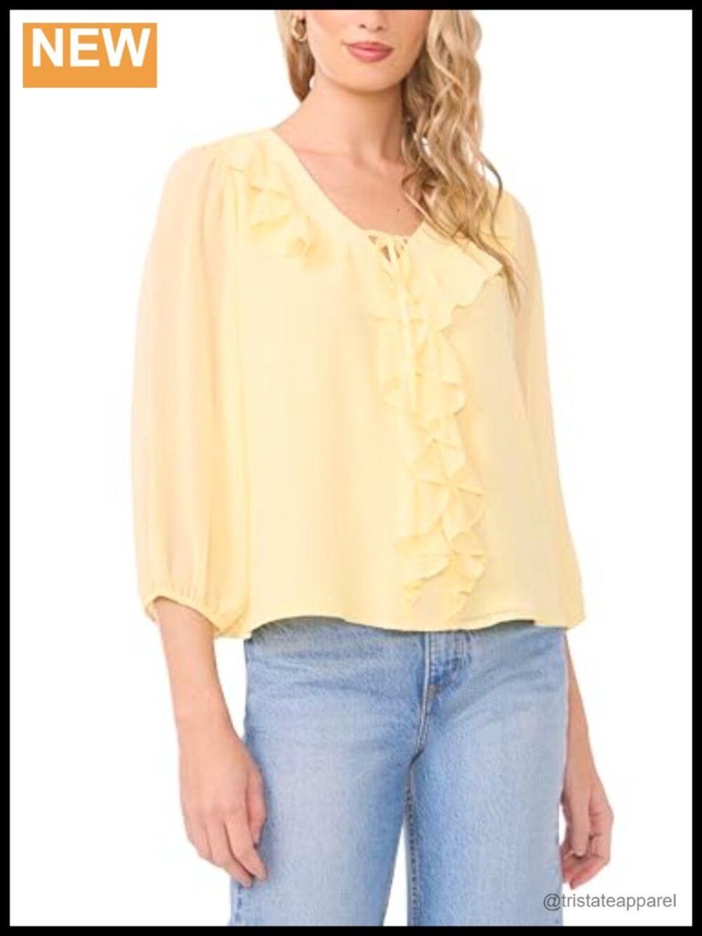 Vince Camuto Women's 3/4 Sleeve Double Ruffle Tie Neck Blouse